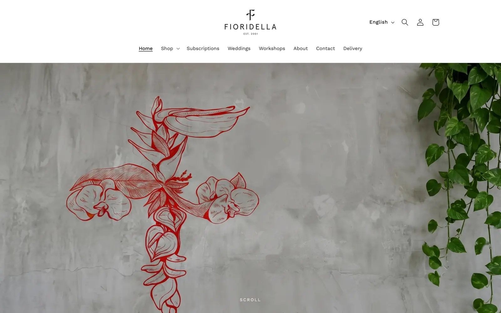 Primera pantalla de la tienda en línea de la floristería: el logo, el menú y un dibujo de flores sobre una pared.