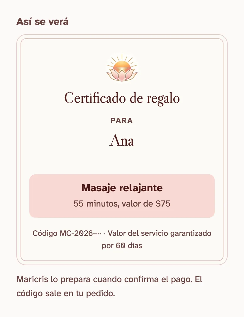La vista previa de un certificado de regalo para Ana: un masaje relajante de 55 minutos, con valor de $75.